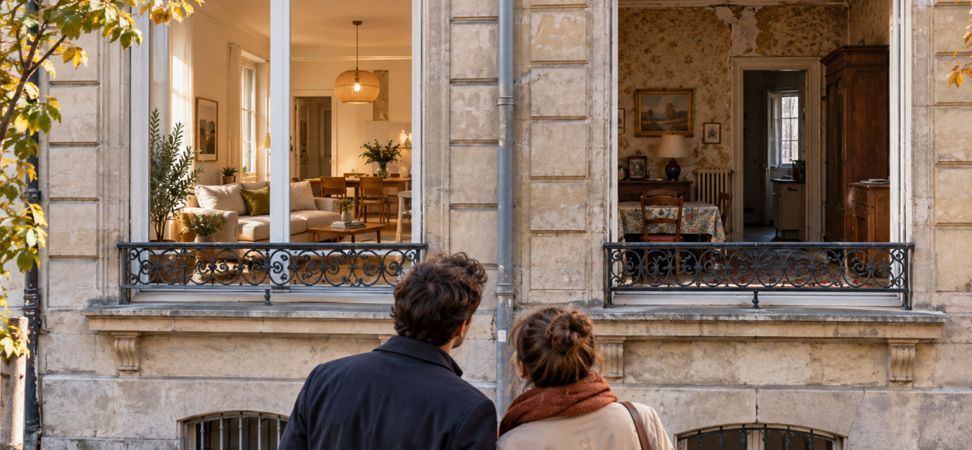 Un couple compare deux appartements anciens voisins, l’un rénové et l’autre à rénover