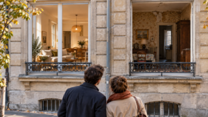 Un couple compare deux appartements anciens voisins, l’un rénové et l’autre à rénover