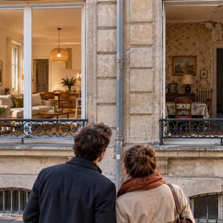 Un couple compare deux appartements anciens voisins, l’un rénové et l’autre à rénover