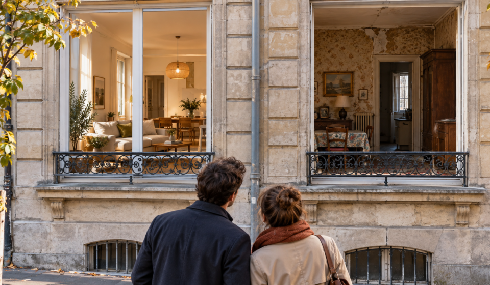 Un couple compare deux appartements anciens voisins, l’un rénové et l’autre à rénover