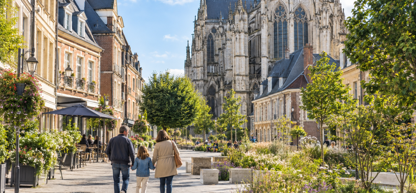 Famille se promenant dans le centre de Beauvais devant la cathédrale Saint-Pierre