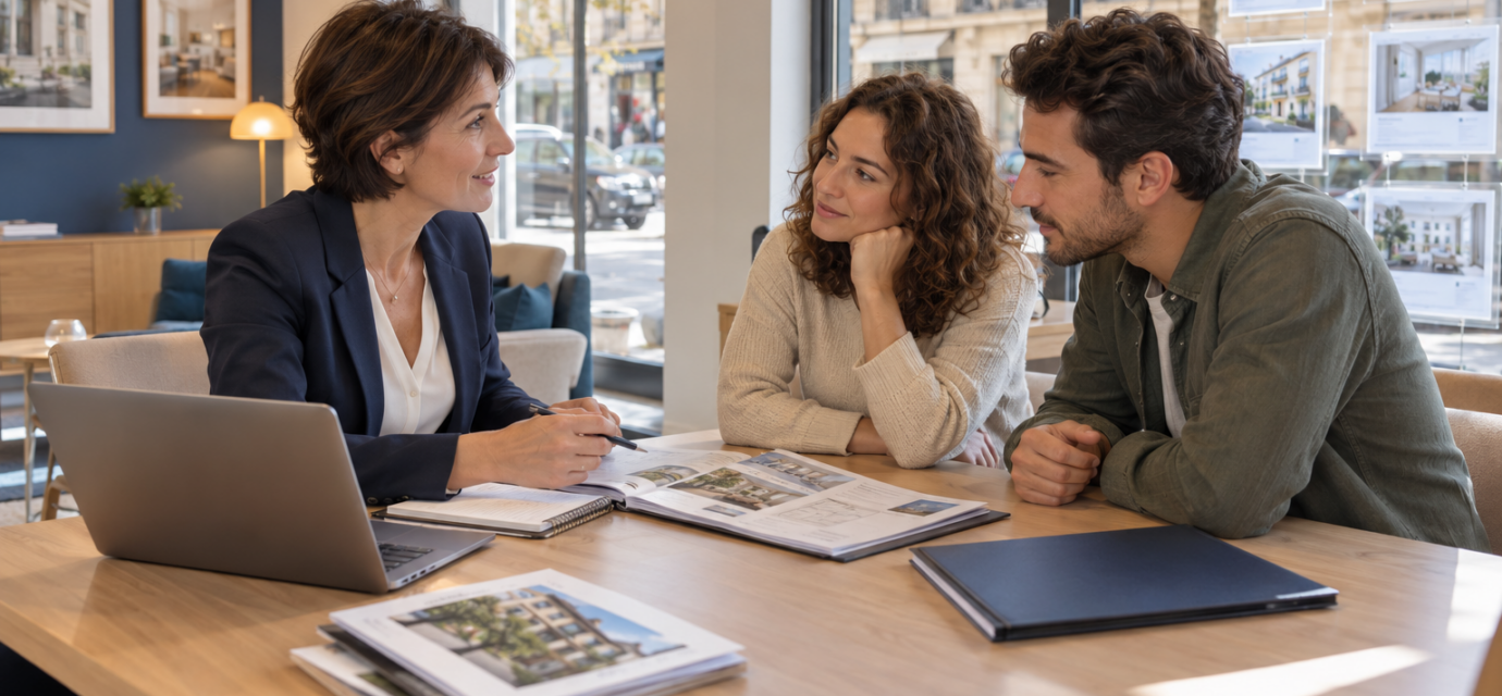 Un couple échange avec une conseillère immobilière autour d’un dossier de logement dans une agence lumineuse.