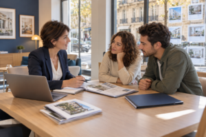 Un couple échange avec une conseillère immobilière autour d’un dossier de logement dans une agence lumineuse.