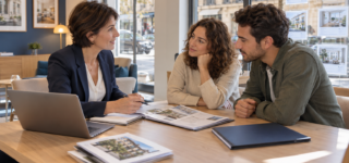 Un couple échange avec une conseillère immobilière autour d’un dossier de logement dans une agence lumineuse.