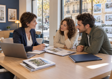 Immobilier en septembre, quels enseignements tirer de la rentrée 2026 ? Un couple échange avec une conseillère immobilière autour d’un dossier de logement dans une agence lumineuse.