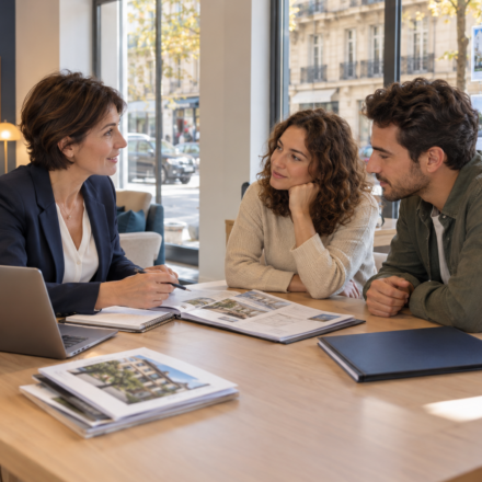 Immobilier en septembre, quels enseignements tirer de la rentrée 2026 ? Un couple échange avec une conseillère immobilière autour d’un dossier de logement dans une agence lumineuse.