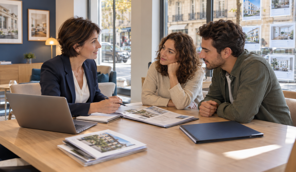 Un couple échange avec une conseillère immobilière autour d’un dossier de logement dans une agence lumineuse.