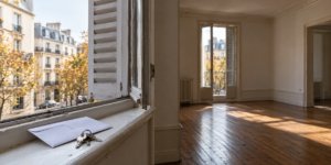 Appartement vacant avec des clés et une enveloppe près d’une fenêtre