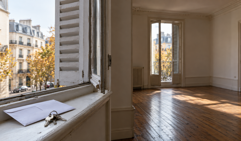 Appartement vacant avec des clés et une enveloppe près d’une fenêtre