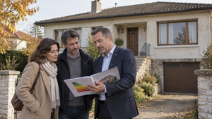 Couple et agent immobilier examinant le diagnostic énergétique devant une maison ancienne