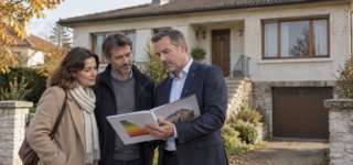 Couple et agent immobilier examinant le diagnostic énergétique devant une maison ancienne