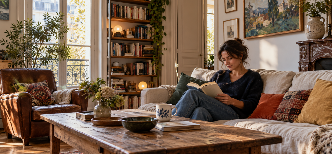 Une femme lit dans un salon chaleureux avec bibliothèque, parquet patiné et meubles anciens