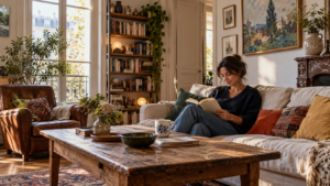Une femme lit dans un salon chaleureux avec bibliothèque, parquet patiné et meubles anciens