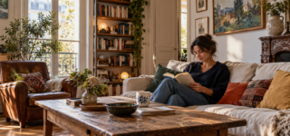 Une femme lit dans un salon chaleureux avec bibliothèque, parquet patiné et meubles anciens