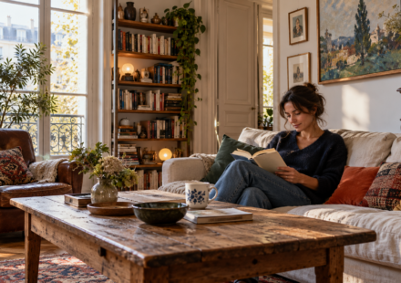 Une femme lit dans un salon chaleureux avec bibliothèque, parquet patiné et meubles anciens