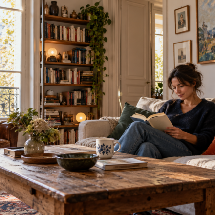 Une femme lit dans un salon chaleureux avec bibliothèque, parquet patiné et meubles anciens