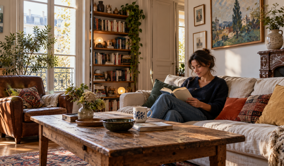 Une femme lit dans un salon chaleureux avec bibliothèque, parquet patiné et meubles anciens