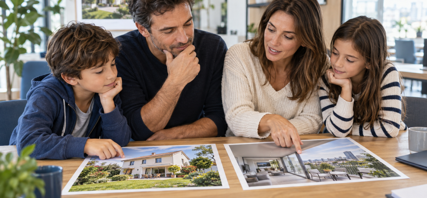 Famille comparant une maison avec jardin et un appartement avec terrasse avant un achat immobilier