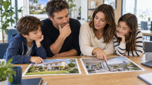 Famille comparant une maison avec jardin et un appartement avec terrasse avant un achat immobilier