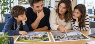 Famille comparant une maison avec jardin et un appartement avec terrasse avant un achat immobilier