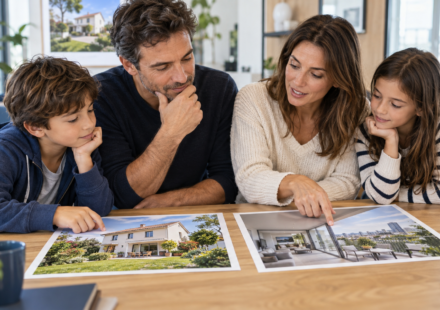 Famille comparant une maison avec jardin et un appartement avec terrasse avant un achat immobilier