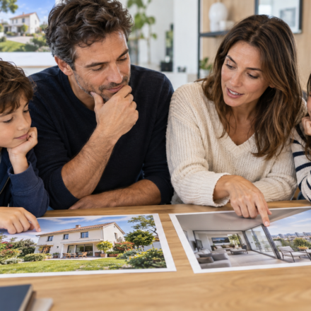 Famille comparant une maison avec jardin et un appartement avec terrasse avant un achat immobilier