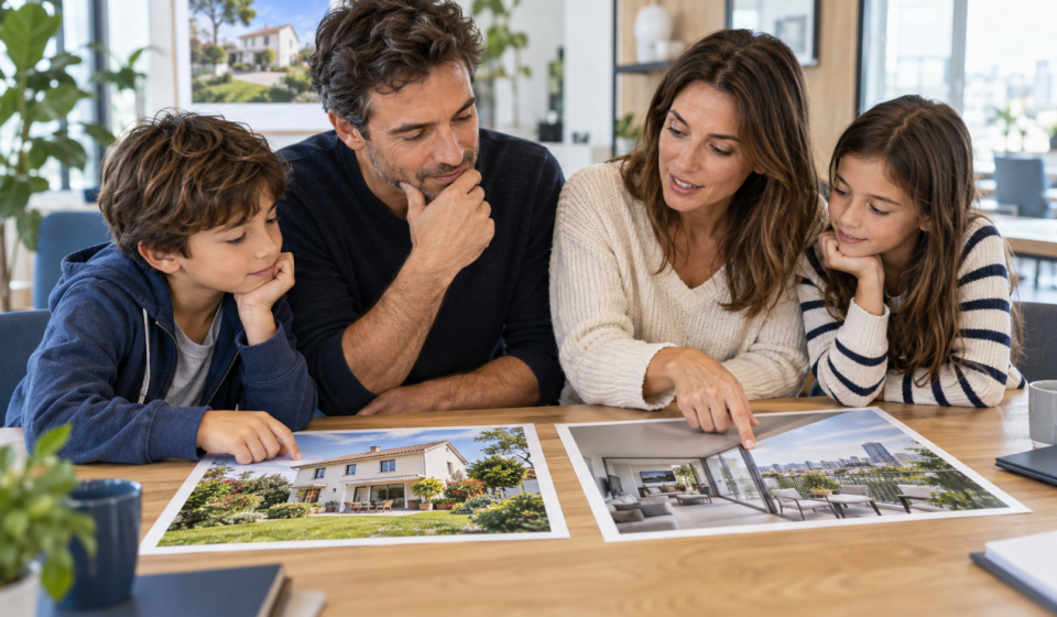 Famille comparant une maison avec jardin et un appartement avec terrasse avant un achat immobilier