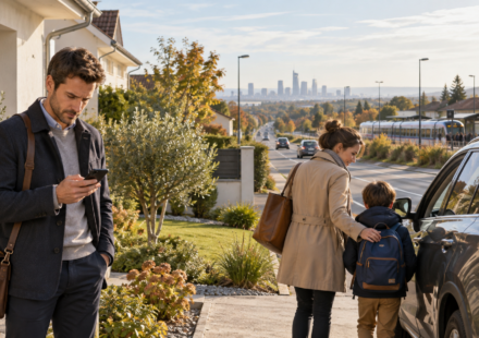 Immobilier périurbain : comment calculer le véritable coût des déplacements ? Une famille prépare ses trajets quotidiens devant sa maison située en périphérie d’une métropole