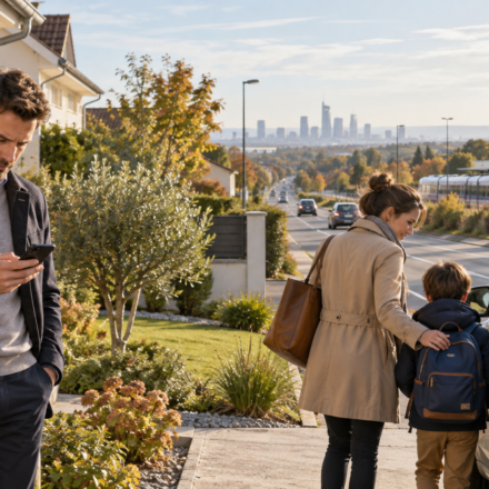 Immobilier périurbain : comment calculer le véritable coût des déplacements ? Une famille prépare ses trajets quotidiens devant sa maison située en périphérie d’une métropole