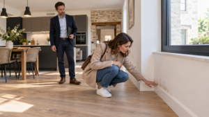 Une acheteuse examine une trace au bas du mur d’une maison récemment rénovée