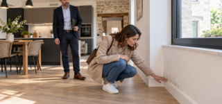 Une acheteuse examine une trace au bas du mur d’une maison récemment rénovée