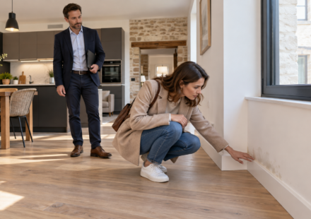 Une acheteuse examine une trace au bas du mur d’une maison récemment rénovée