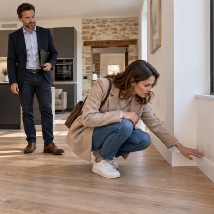 Une acheteuse examine une trace au bas du mur d’une maison récemment rénovée