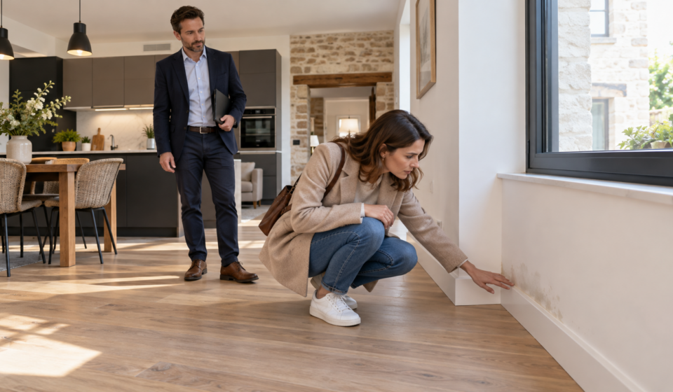 Une acheteuse examine une trace au bas du mur d’une maison récemment rénovée