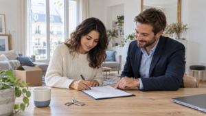 Locataire signant un nouveau contrat de bail avec un professionnel de l’immobilier
