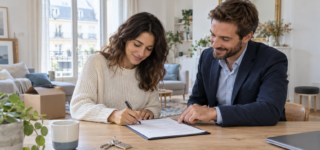 Locataire signant un nouveau contrat de bail avec un professionnel de l’immobilier