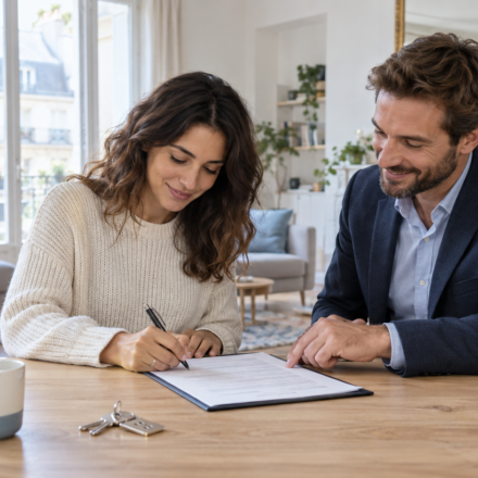 Locataire signant un nouveau contrat de bail avec un professionnel de l’immobilier
