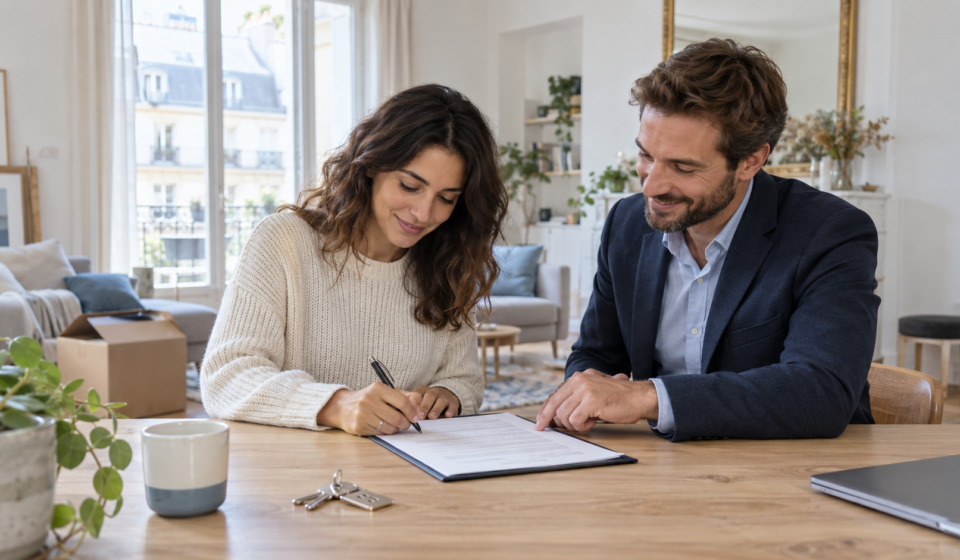 Locataire signant un nouveau contrat de bail avec un professionnel de l’immobilier