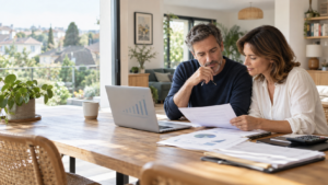 Couple de propriétaires évaluant la valeur nette de son patrimoine immobilier