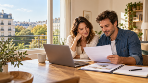 Un couple compare le budget mensuel de son projet d’achat immobilier dans un appartement