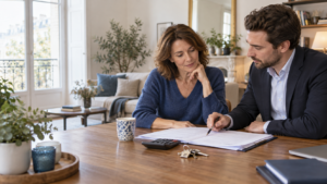 Une propriétaire bailleuse et un conseiller examinent le budget et la fiscalité d’un logement en location