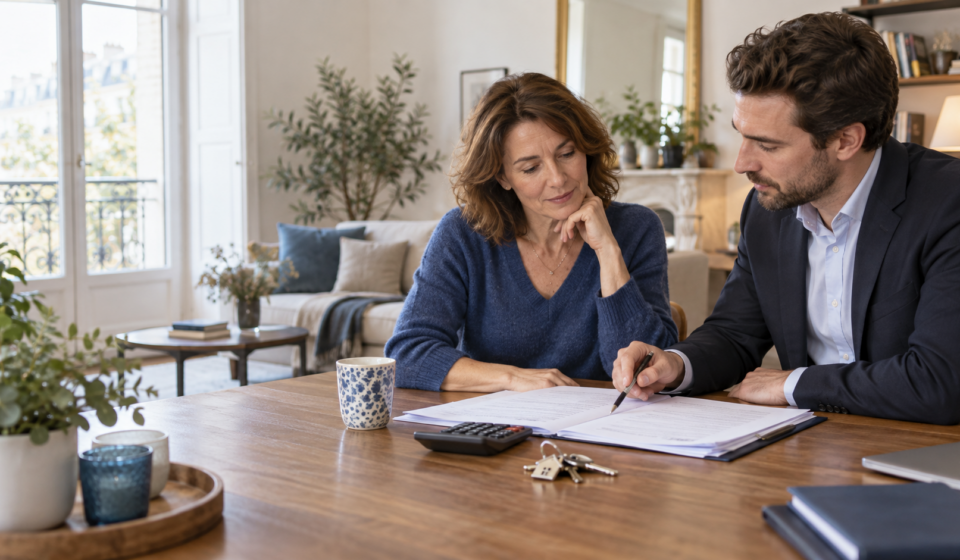 Une propriétaire bailleuse et un conseiller examinent le budget et la fiscalité d’un logement en location
