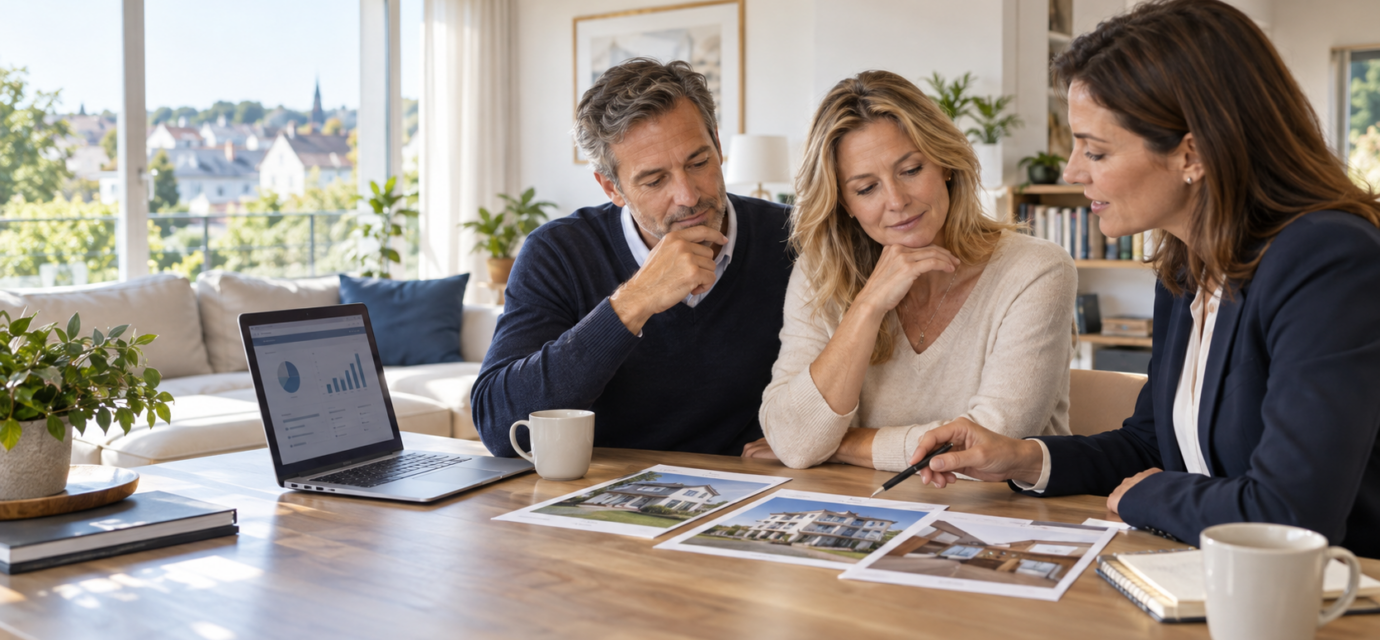 Résidence principale, locatif, SCPI : comment regarder son patrimoine immobilier dans son ensemble ? Couple analysant sa résidence principale, son investissement locatif et ses parts de SCPI
