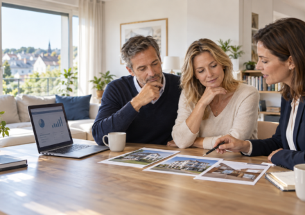 Résidence principale, locatif, SCPI : comment regarder son patrimoine immobilier dans son ensemble ? Couple analysant sa résidence principale, son investissement locatif et ses parts de SCPI