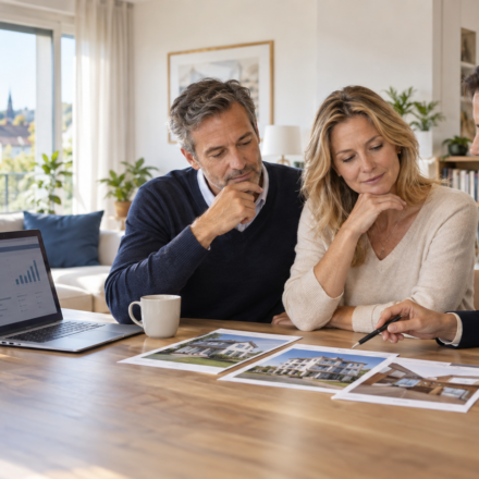 Résidence principale, locatif, SCPI : comment regarder son patrimoine immobilier dans son ensemble ? Couple analysant sa résidence principale, son investissement locatif et ses parts de SCPI