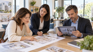 Acquéreurs comparant un projet de résidence principale et un investissement locatif avec une professionnelle de l’immobilier