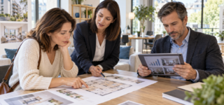Acquéreurs comparant un projet de résidence principale et un investissement locatif avec une professionnelle de l’immobilier