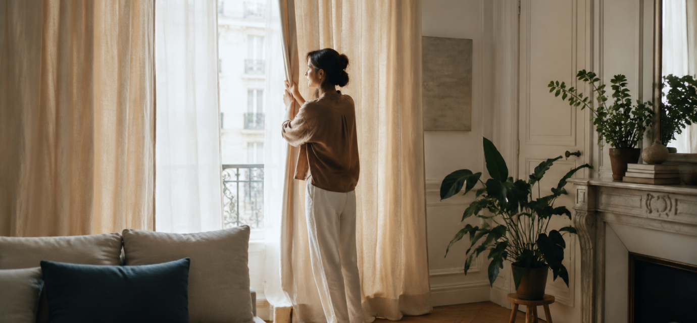 Une femme ouvre de longs rideaux en lin dans un salon contemporain lumineux