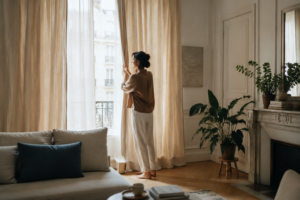 Une femme ouvre de longs rideaux en lin dans un salon contemporain lumineux