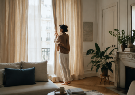 Une femme ouvre de longs rideaux en lin dans un salon contemporain lumineux